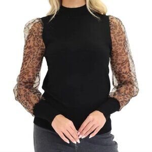 SIONI Mixed Media Sheer Leopard Sleeve Black Wool Blend Mock Neck Sweater Size S